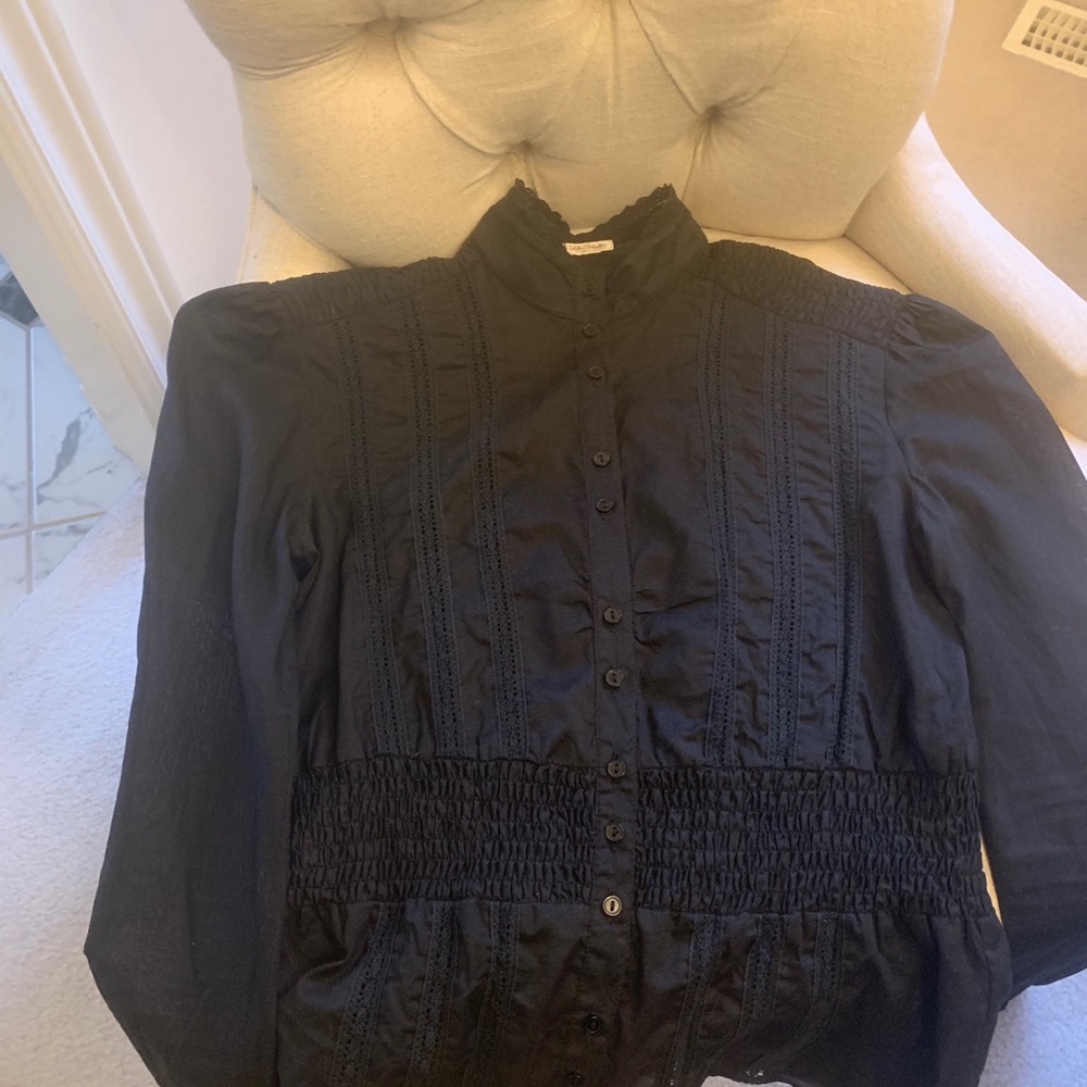 Talula Babaton Black Smocked Botton Up Blouse